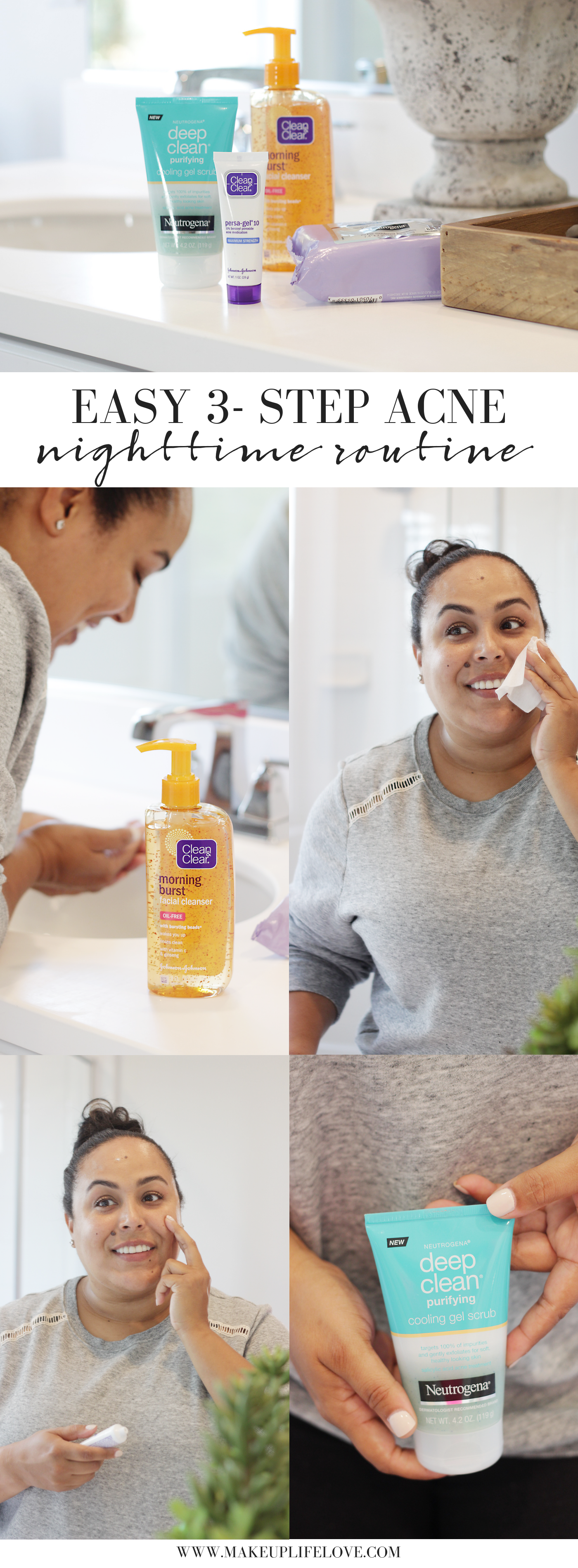 Breakouts SUCK! Time to say goodbye to pesky breakouts and hello to glowing skin. Makeup Life and Love is sharing an EASY 3 Step Acne Nighttime Routine that is perfect for all ages.