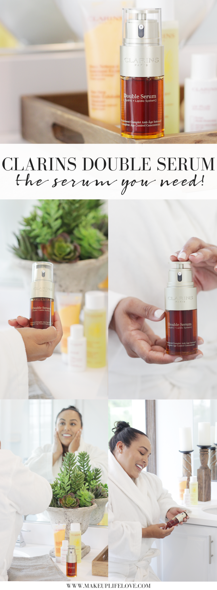 Bookmark this post ASAP! Looking for the BEST serum you can ever add to your skincare routine? See why Makeup Life and Love is OBSESSED with Clarins Double Serum